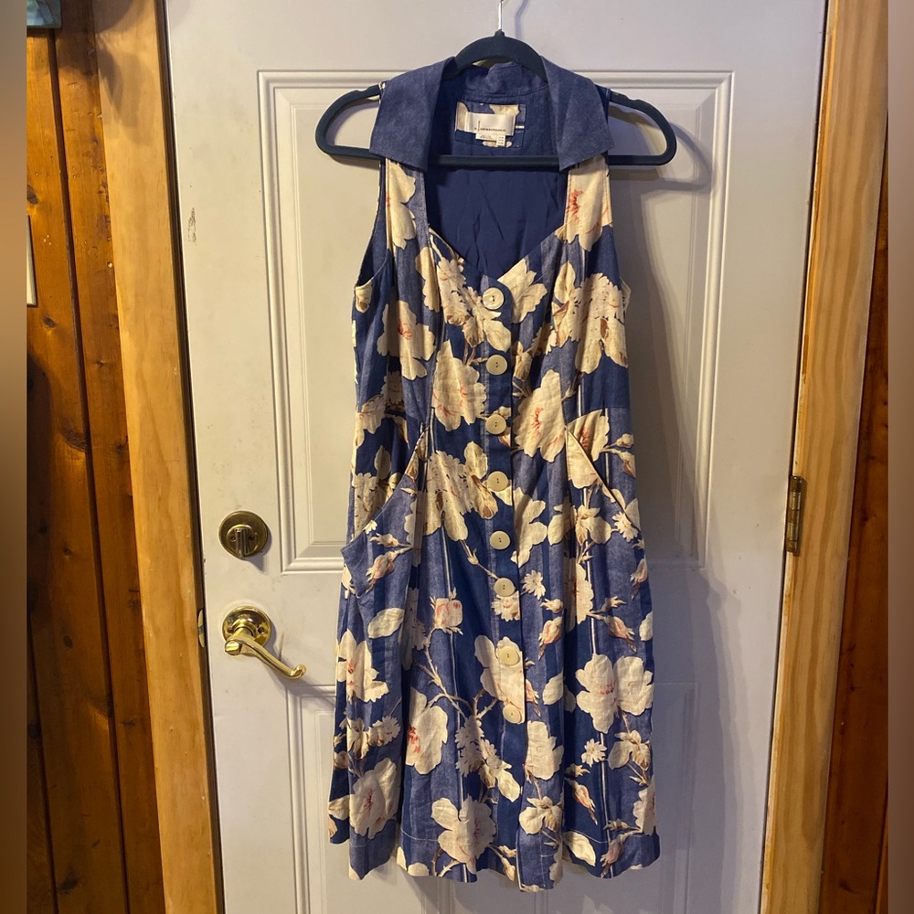 Anthropologie Blue and Cream Floral Dress